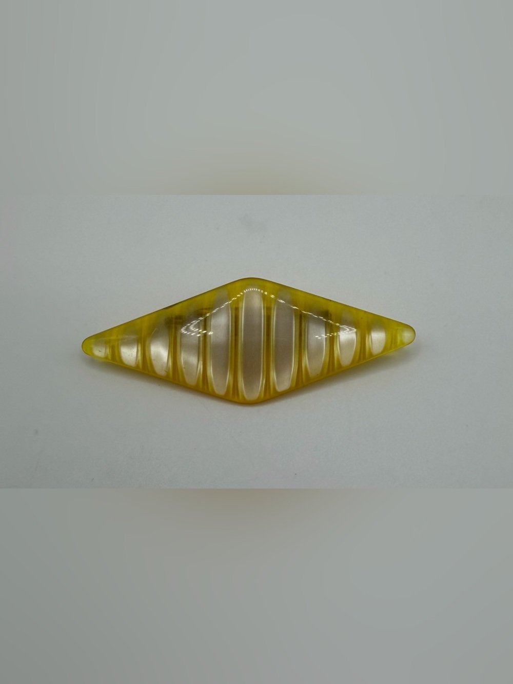 Bakelite Diamond Shape Brooch Pin Cream Silver Stripe Yellow Art Deco Geometric